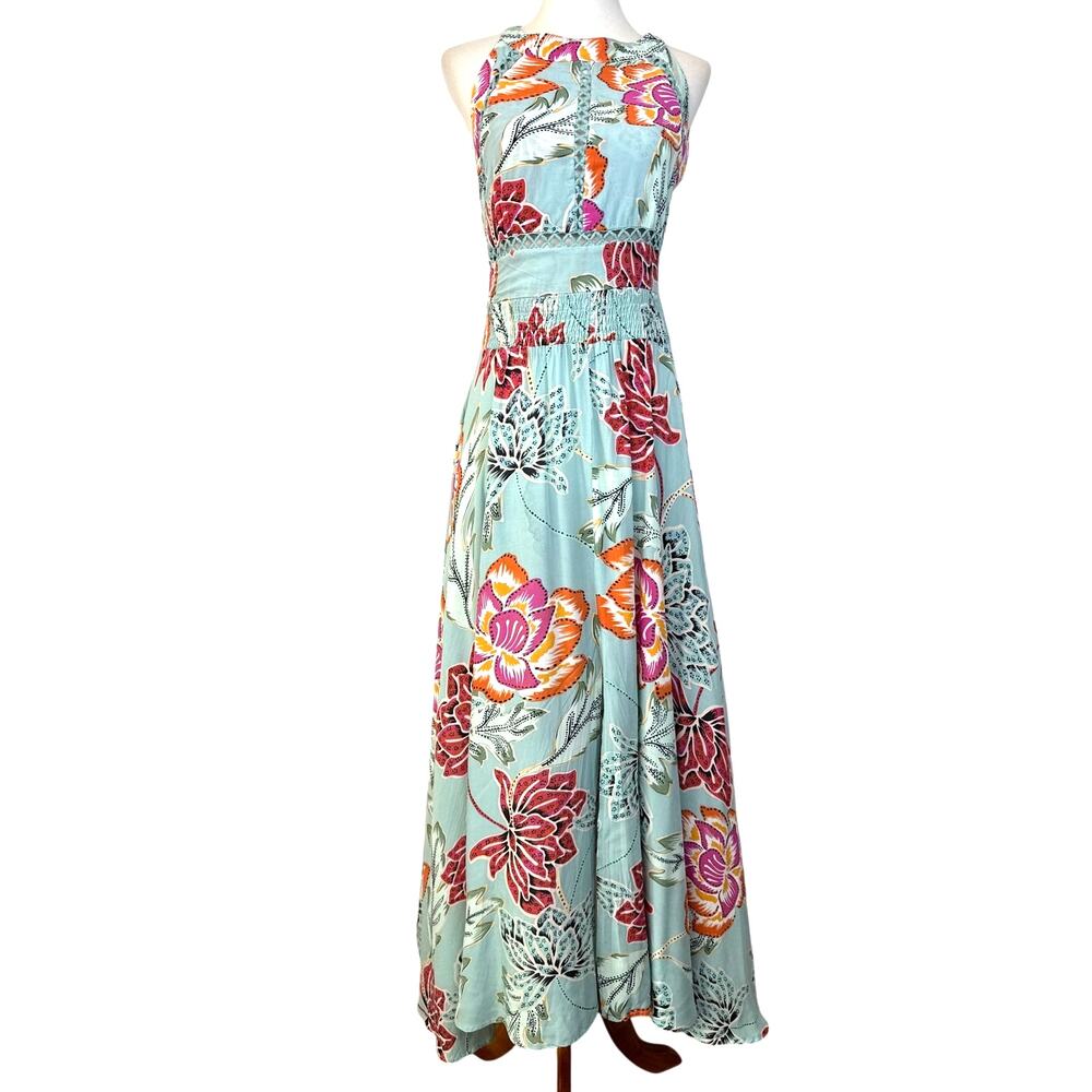 Jaase Blue Floral Halter Maxi Dress M Open Back Boho Wedding Guest Rayon - Picture 2 of 8